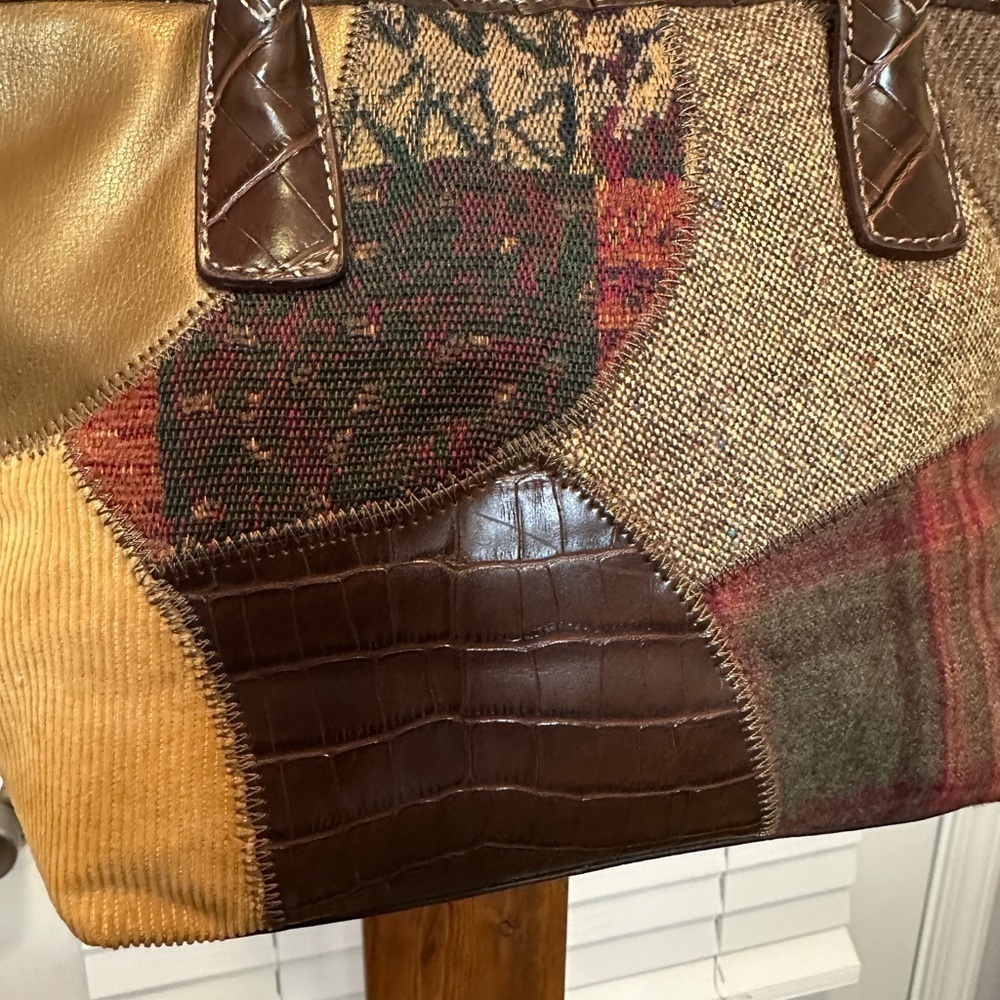 Womens Patchwork Handbag Small Corduroy Plaid Faux Leather Hobo Boho Zip Pockets - Picture 4 of 10